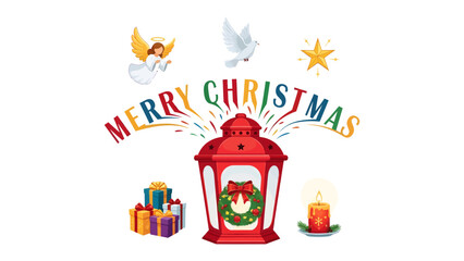 Naklejka premium Christmas Celebration Lantern: A vibrant red lantern, adorned with a festive wreath, sits center stage surrounded by gifts, a lit candle, an angel, a dove, and a star.