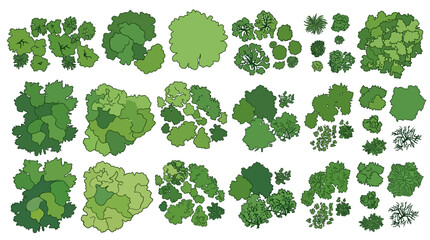 Set di alberi e cespugli visti dall'alto per progetti di architettura, paesaggistica e design urbano, illustrazioni vettoriali stilizzate con diverse forme e tonalità di verde.