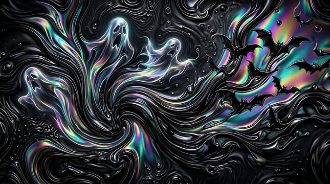 Iridescent Halloween ghosts and bats background, dark holographic swirl texture, spooky spectral spirits in liquid chrome aesthetic for party posters