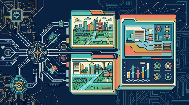 Illustrazione concettuale di una rete tecnologica intelligente che collega infrastrutture urbane sostenibili, pannelli solari e analisi di dati complessi su uno sfondo di circuito stampato.