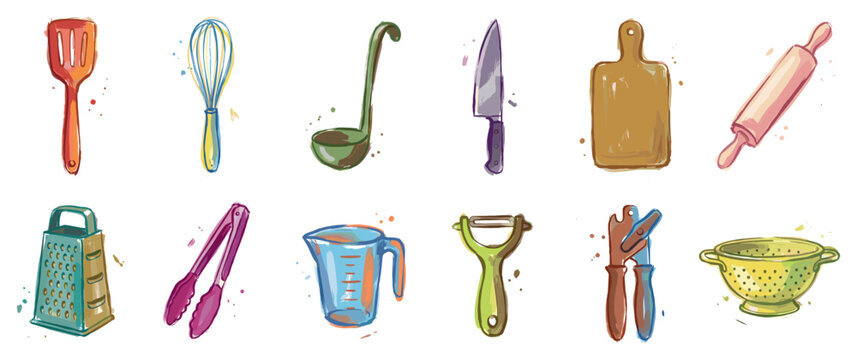 Kitchen utensil icons set. Cooking and baking tools concept. Includes spatula, whisk, ladle, knife, cutting board, rolling pin, grater, tongs, measuring cup, peeler, can opener, colander