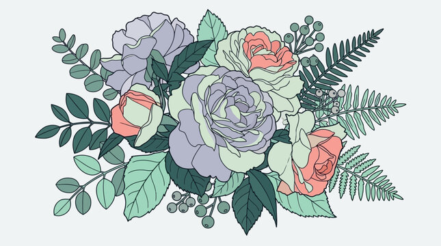 Illustrazione botanica di un bouquet floreale con rose stilizzate, foglie di felce e rami decorativi in una palette di colori pastello su sfondo neutro chiaro per design elegante.