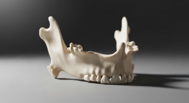 Close-up of human jawbone, mandible bone and teeth on grey background for anatomy and medicine, skeletal system concept.