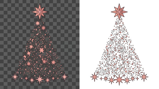 Illustrazione vettoriale di un albero di Natale stilizzato composto da stelle scintillanti e particelle luminose color oro rosa su sfondo trasparente e bianco per decorazioni festive