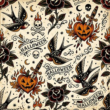 Vintage Halloween tattoo flash seamless pattern, old school aesthetic with skulls and swallows, traditional ink style background for spooky textile design