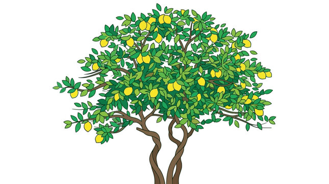 Illustrazione vettoriale di un rigoglioso albero di limoni con frutti gialli maturi e foglie verdi brillanti, isolato su sfondo bianco per design grafico e progetti naturali.