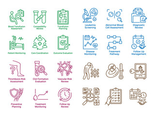 Naklejka premium Medical Diagnostic Icons, a comprehensive vector collection for healthcare, patient monitoring, and treatment planning; featuring 24 outline-style medical icons for clinical assessment and