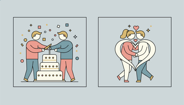 Two scenes depicting a gay wedding celebration with a couple cutting cake and holding hands in a giant heart shape.