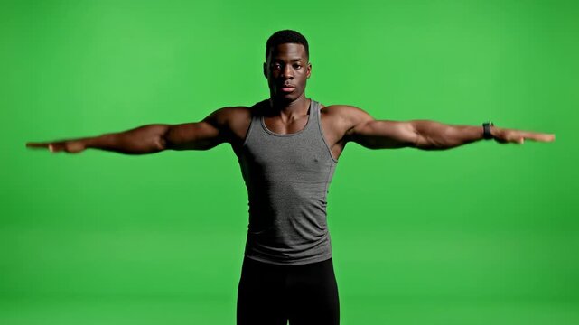 Fit man's arms extending outwards against green screen backdrop with cinematic motion