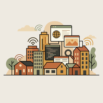 Internet City Illustration: Buildings, Internet, Technology, Data, and Connectivity