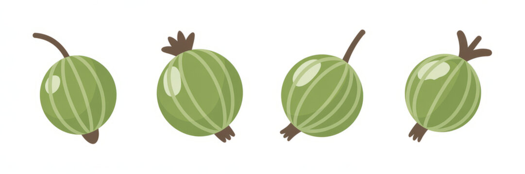 Four green apples with leaves and worm damage on white background.