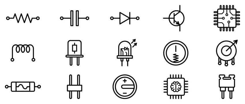 Electronic component icons set. Circuitry and electrical engineering concept. Includes resistor, capacitor, diode, transistor, microchip, inductor, LED, battery, fuse. Flat and line style