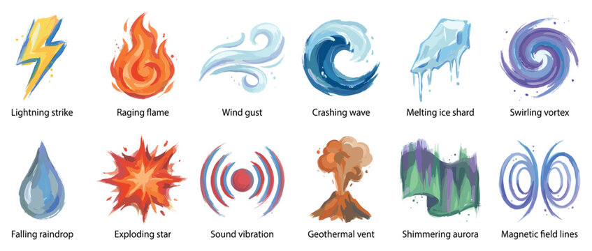 Natural phenomena icons set. Elements of nature and science concept. Includes lightning strike, raging flame, wind gust, crashing wave, melting ice, swirling vortex, falling raindrop,
