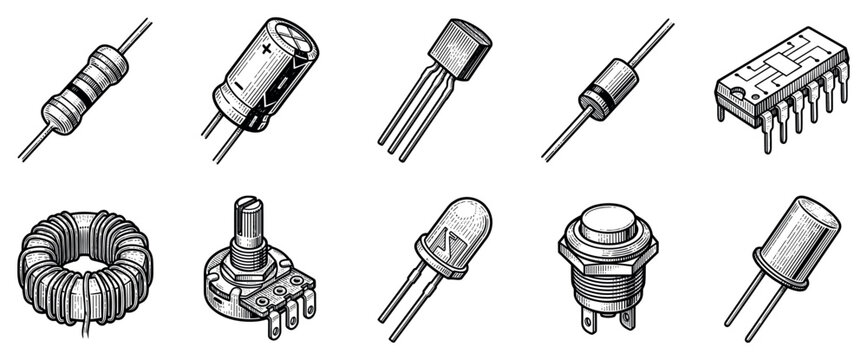 Electronic components icons set. Electrical engineering and circuit design concept. Includes resistor, capacitor, transistor, diode, integrated circuit, inductor, potentiometer, LED, push