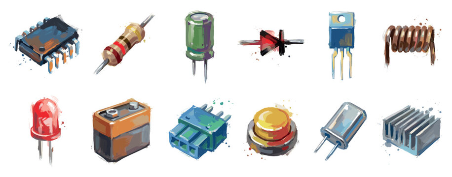 Electronic components icons set. Electrical engineering and circuitry concept. Includes integrated circuit, resistor, capacitor, diode, transistor, inductor, LED, battery, connector, button,