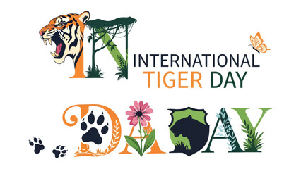 International Tiger Day Design: Celebrate International Tiger Day with this vibrant graphic featuring a roaring tiger, lush forest elements, paw prints, and a butterfly. © Hasib
