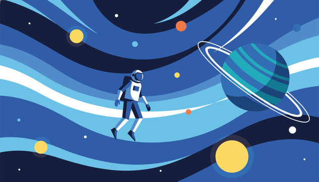 Astronaut floating in deep blue outer space next to a large ringed planet like Saturn with stars and nebulae.