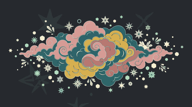 Illustrazione vettoriale di nuvole stilizzate in stile orientale con stelle decorative e motivi floreali su sfondo scuro, perfetta per design grafici eleganti e orientali.