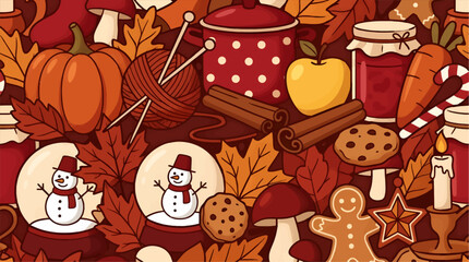Naklejka premium Cozy Autumn and Winter Seamless Pattern with Flat Fall Leaves, Pumpkins, Snowmen, Cookies, Jam Jars, and Spices, Warm Seasonal Illustration