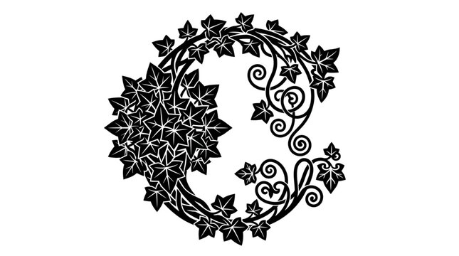 Lettera C decorativa in stile floreale con foglie di edera intrecciate e viticci a spirale, design artistico in bianco e nero su sfondo isolato per progetti grafici eleganti.