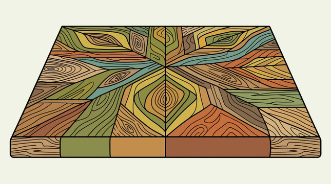 Un pannello decorativo in legno con un motivo geometrico a intarsio composto da segmenti colorati che mostrano venature naturali e una prospettiva tridimensionale artistica.