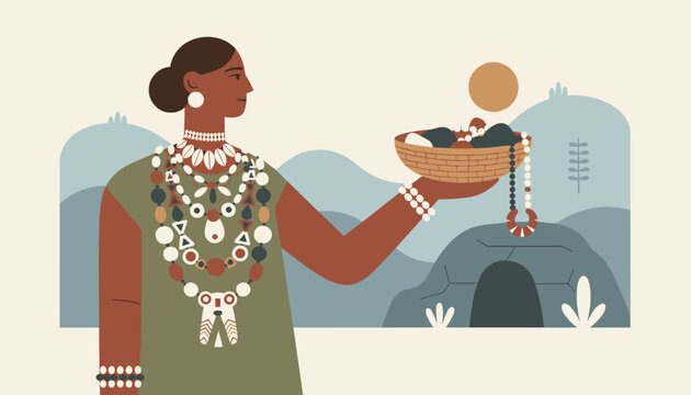 Native woman wearing elaborate bead necklaces holds a woven bowl filled with stones against a mountain background.
