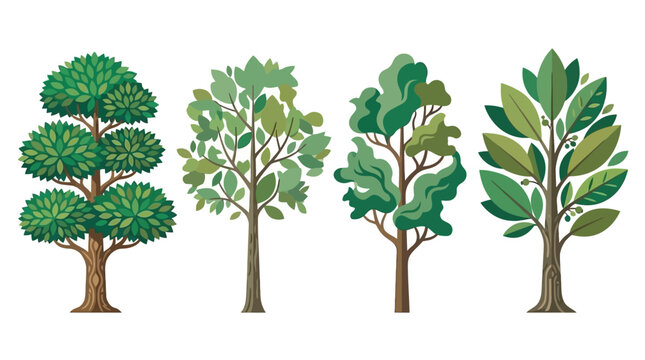 Set di quattro alberi stilizzati con diverse forme di chioma e fogliame, illustrazioni vettoriali piatte su sfondo bianco per design naturalistico e progetti grafici.