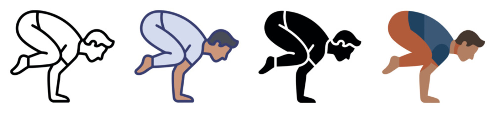 Yoga pose icons set. Fitness and wellness exercise concept. Includes crow pose, bakasana, arm balance, body strength, flexibility, meditation. Flat and line style
