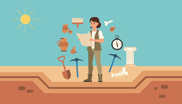 Female archaeologist holds a map at a dig site surrounded by ancient pottery, bones, columns, and digging tools.