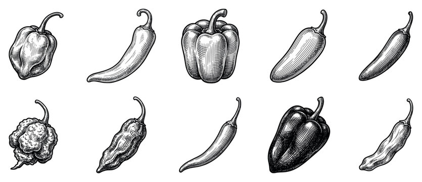 Pepper icons set. Spicy food and cooking ingredients concept. Includes habanero, cayenne, bell pepper, jalapeno, serrano, ghost pepper, tabasco. Hand-drawn engraving style