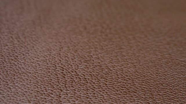 Detailed macro shot of a brown pebbled leather texture background showing a rack focus from the foreground to the background, highlighting the authentic material and its natural grain pattern