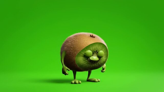 Happy animated kiwi character dancing joyfully with subtle camera movement on a bright green studio background