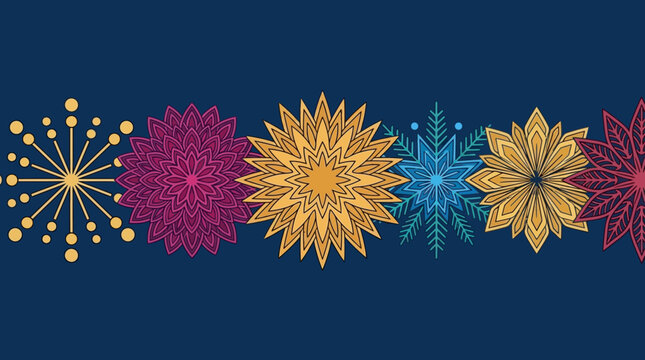 Una fila di decorazioni floreali stilizzate e mandala colorati su sfondo blu scuro