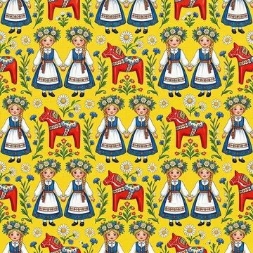 Colorful Folk Pattern With Girls in Traditional Dress and Floral Crowns on Yellow Background