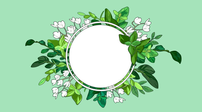 Elegante cornice circolare con foglie verdi e delicati fiori di mughetto su sfondo verde chiaro, ideale per inviti e design primaverili.
