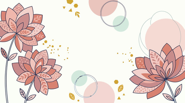 Sfondo floreale astratto con fiori stilizzati rosa e corallo, elementi decorativi dorati e cerchi color pastello su sfondo chiaro.