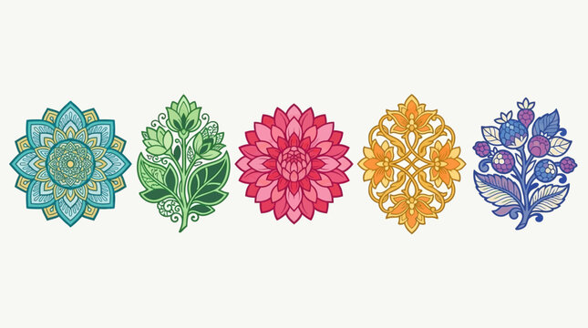 Cinque ornamenti floreali e mandala stilizzati, ricchi di dettagli e colori vivaci, perfetti per design decorativi.