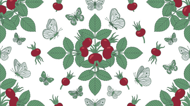 Motivo decorativo simmetrico con bacche rosse, foglie verdi e farfalle bianche su sfondo bianco