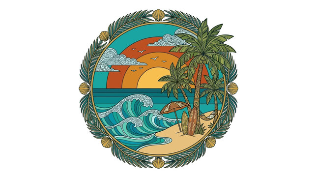 Illustrazione di una spiaggia tropicale al tramonto con palme, onde e un ombrellone.