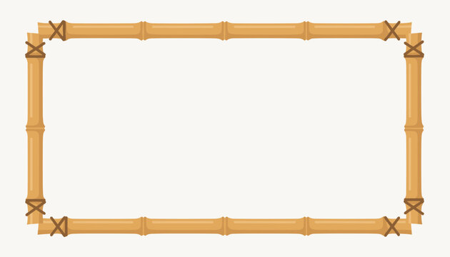 Clean rectangular bamboo frame made of wooden sticks bound with brown rope on a neutral off white background.
