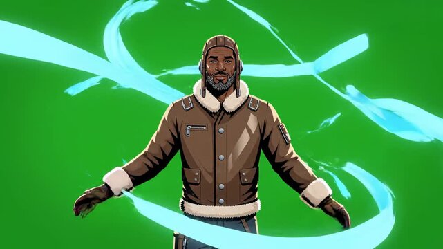 Man in bomber jacket creates abstract blue energy trails with motion graphics