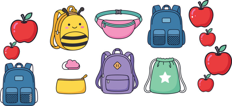 Cute School Backpack Collection Vector Set with Apples Lunch Bag Waist Pouch Drawstring Bag and Kids Education Accessories