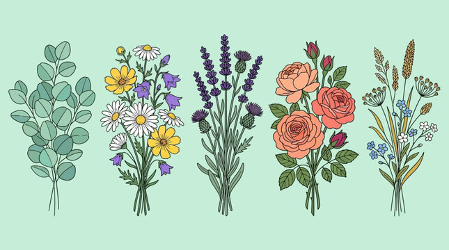 Illustrazione di cinque diversi bouquet di fiori e piante su sfondo color pastello