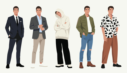 Obraz premium Men fashion style collection showing male characters in different outfits from formal suits to casual streetwear.