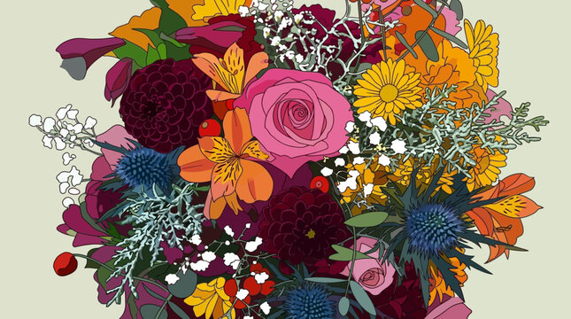 Illustrazione dettagliata e vivace di un grande bouquet floreale con rose, dalie e cardi, perfetto per celebrazioni e decorazioni primaverili.