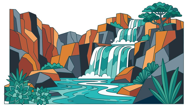 Illustrazione vettoriale vibrante di una cascata maestosa che scende tra rocce colorate in un paesaggio naturale e sereno.