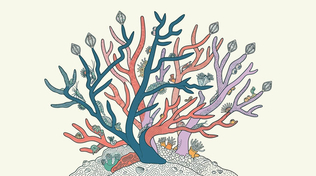 Illustrazione vibrante di una barriera corallina stilizzata con coralli ramificati e piccole creature marine, su sfondo chiaro.