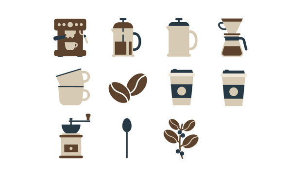 Minimalist flat icon set containing various coffee brewing tools, coffee beans, cups, and a manual grinder.