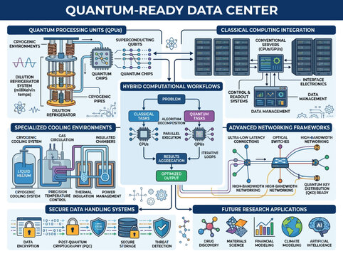 Conceptual infographic showcasing the cutting-edge technology and hybrid computing architecture of a quantum-ready data center.