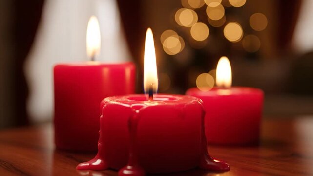 Three red candles glow against a festive bokeh background
